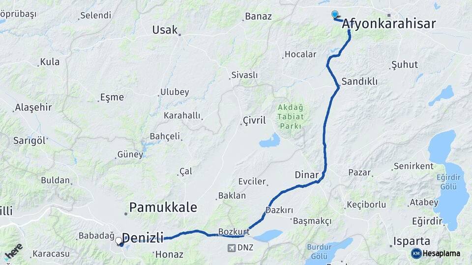 Afyonkarahisar Sinanpaşa Denizli Arası Kaç Km - Yol Haritası