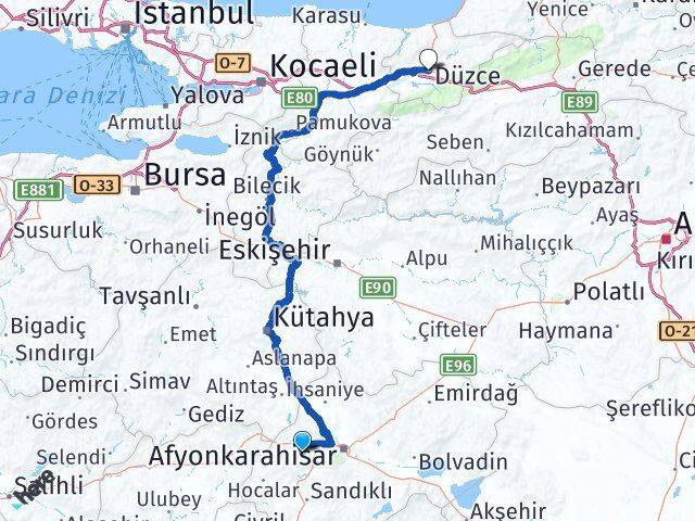 Afyonkarahisar Sinanpaşa Düzce Arası Kaç Km - Yol Haritası