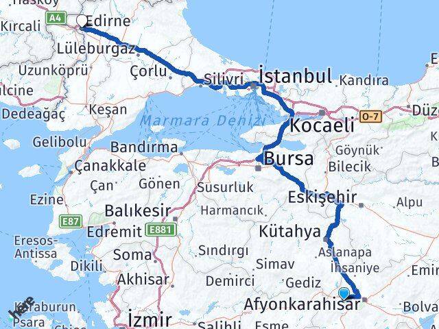 Afyonkarahisar Sinanpaşa Edirne Arası Kaç Km - Yol Haritası