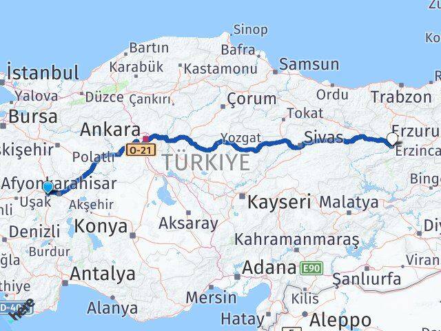 Afyonkarahisar Sinanpaşa Erzincan Arası Kaç Km - Yol Haritası