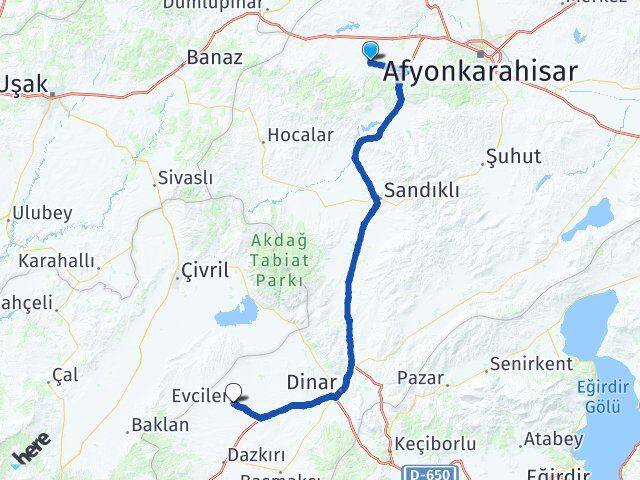 Afyonkarahisar Sinanpaşa Evciler Arası Kaç Km - Yol Haritası