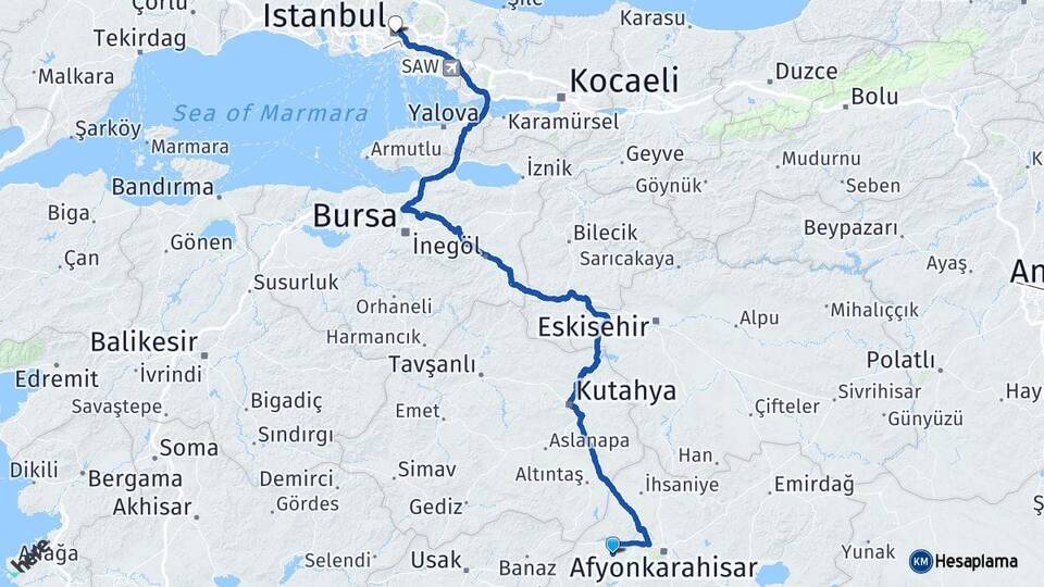 Afyonkarahisar Sinanpaşa İstanbul Arası Kaç Km - Yol Haritası