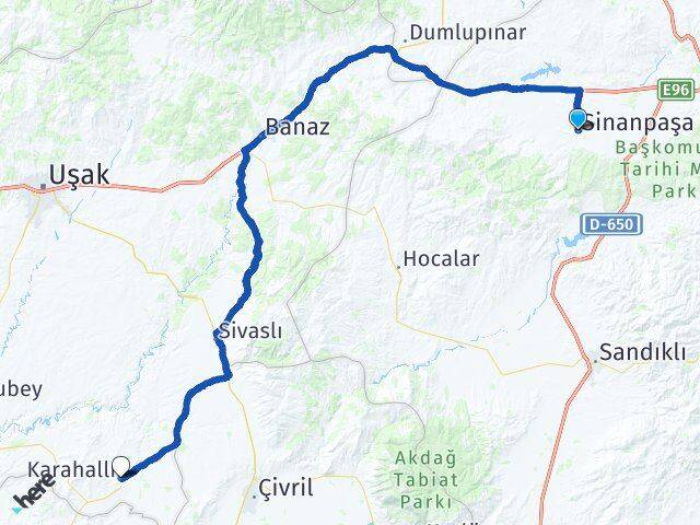 Afyonkarahisar Sinanpaşa Karahallı Uşak Arası Kaç Km - Yol Haritası