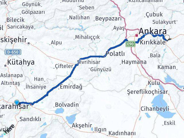 Afyonkarahisar Sinanpaşa Kırıkkale Arası Kaç Km - Yol Haritası