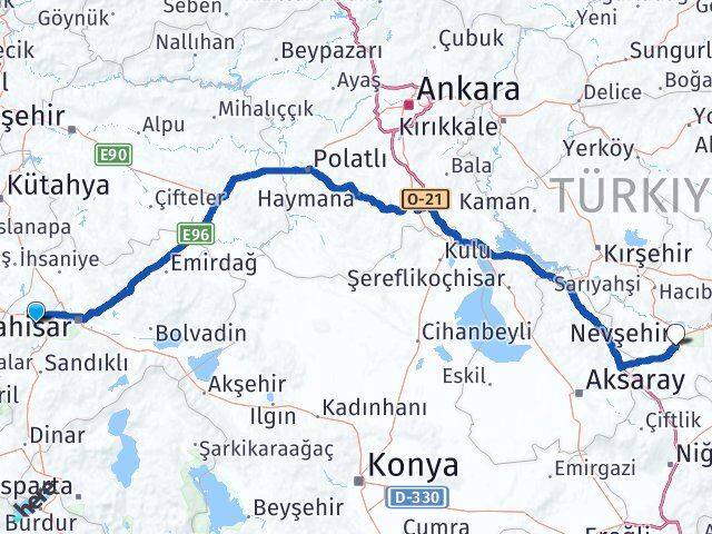 Afyonkarahisar Sinanpaşa Nevşehir Arası Kaç Km - Yol Haritası