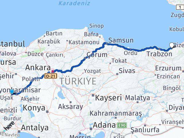 Afyonkarahisar Sinanpaşa Rize Arası Kaç Km - Yol Haritası