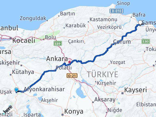 Afyonkarahisar Sinanpaşa Samsun Arası Kaç Km - Yol Haritası
