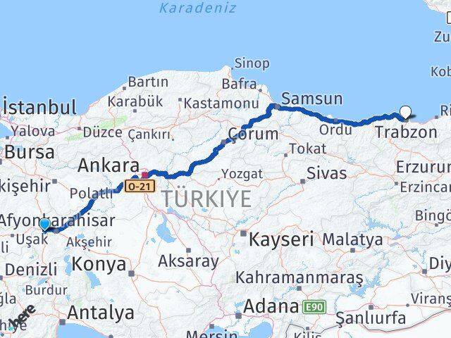 Afyonkarahisar Sinanpaşa Trabzon Arası Kaç Km - Yol Haritası