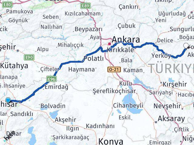 Afyonkarahisar Sinanpaşa Yozgat Arası Kaç Km - Yol Haritası