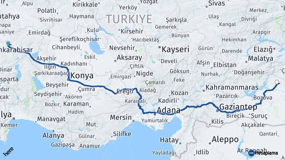 Afyonkarahisar Siverek Şanlıurfa Arası Kaç Km - Yol Haritası