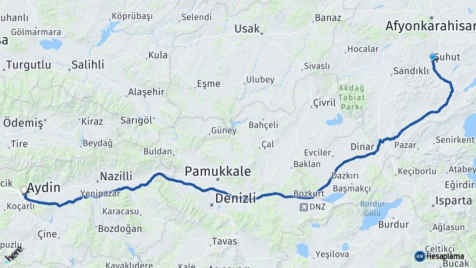 Afyonkarahisar Şuhut Aydın Arası Kaç Km - Yol Haritası