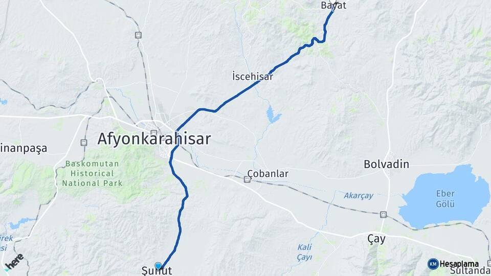 Afyonkarahisar Şuhut Bayat Arası Kaç Km - Yol Haritası