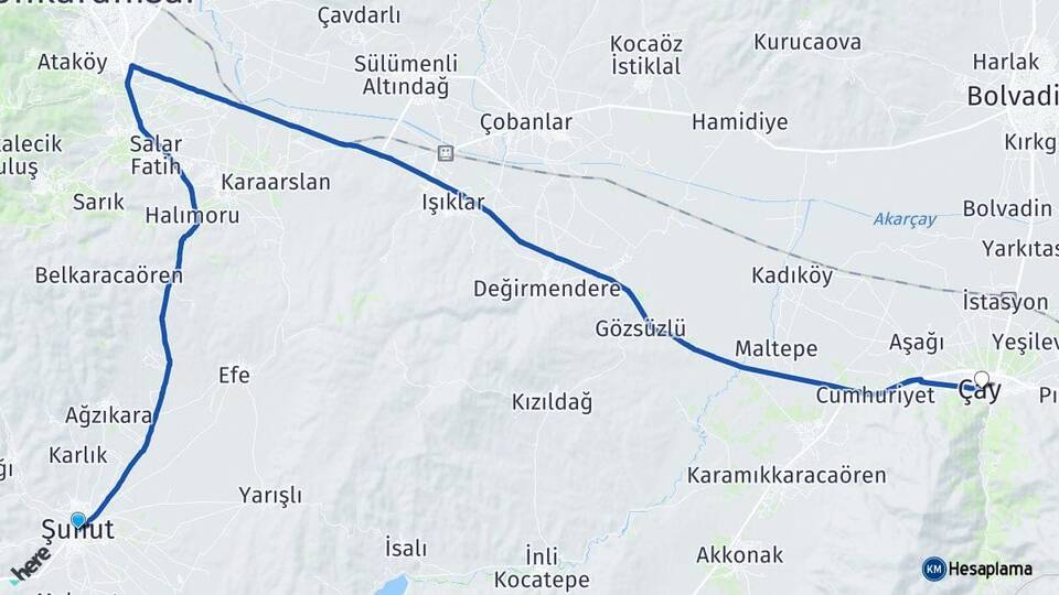 Afyonkarahisar Şuhut Çay Arası Kaç Km - Yol Haritası