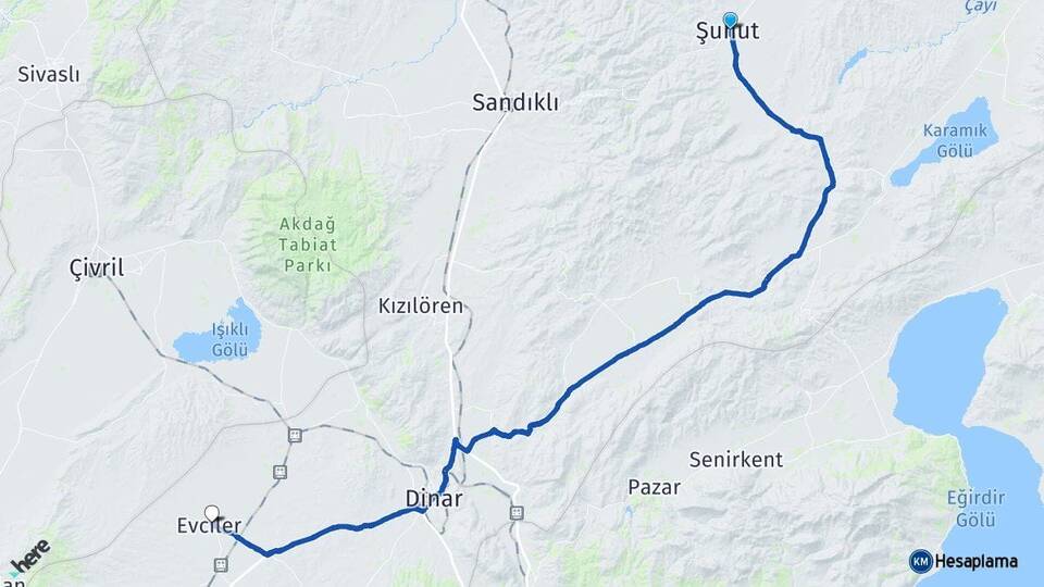 Afyonkarahisar Şuhut Evciler Arası Kaç Km - Yol Haritası