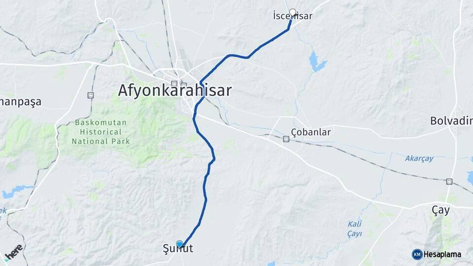 Afyonkarahisar Şuhut İscehisar Arası Kaç Km - Yol Haritası