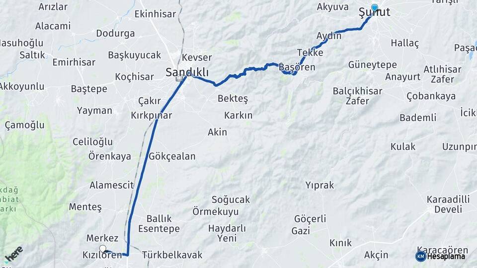 Afyonkarahisar Şuhut Kızılören Arası Kaç Km - Yol Haritası