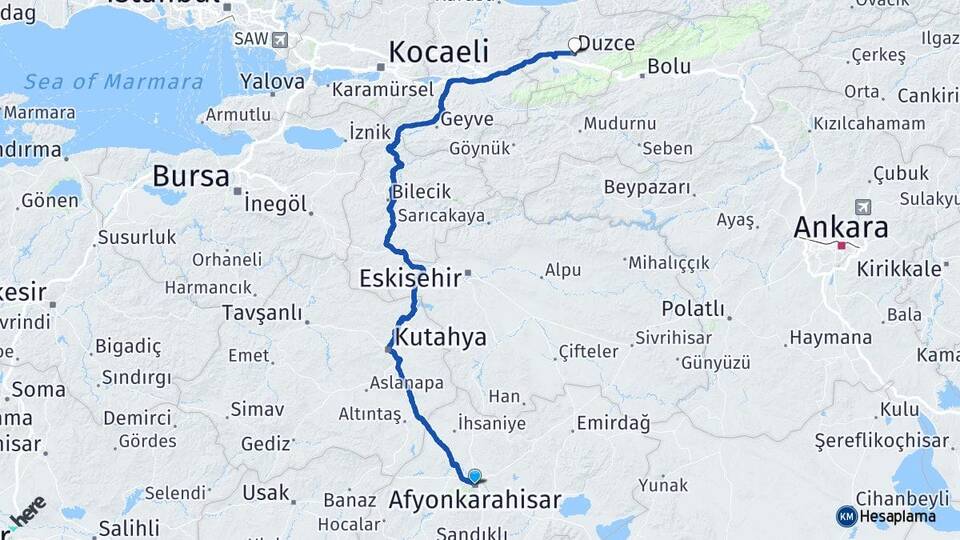Afyonkarahisar Süleyman Demirel Üniversitesi Arası Kaç Km - Yol Haritası