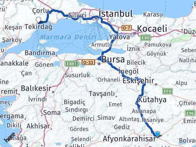 Afyonkarahisar Süleymanpaşa Tekirdağ Arası Kaç Km - Yol Haritası