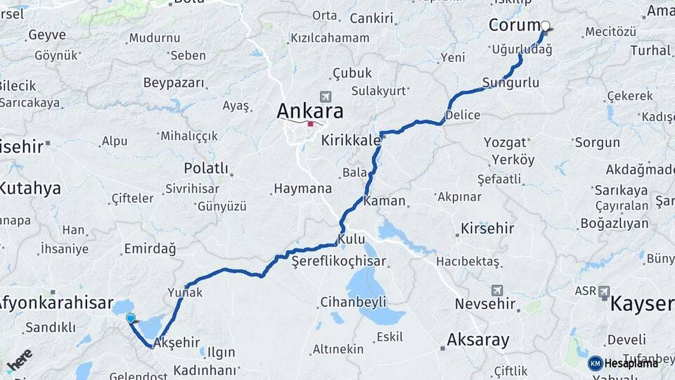 Afyonkarahisar Sultandağı Çorum Arası Kaç Km - Yol Haritası