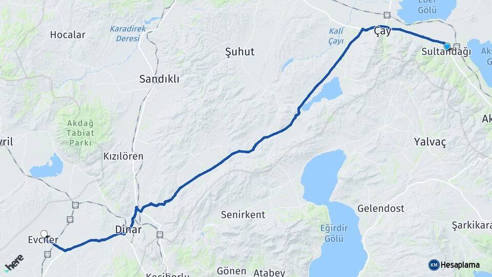 Afyonkarahisar Sultandağı Evciler Arası Kaç Km - Yol Haritası