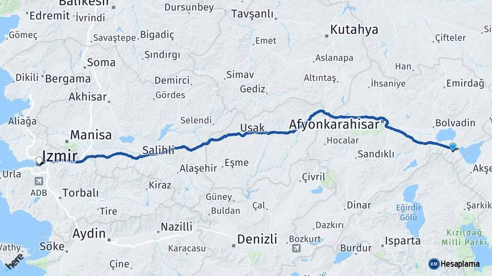 Afyonkarahisar Sultandağı İzmir Arası Kaç Km - Yol Haritası