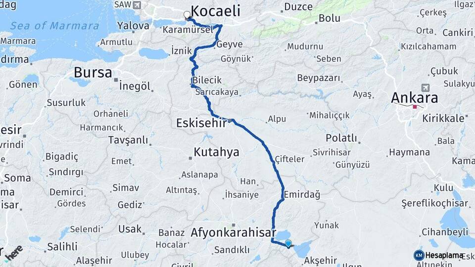Afyonkarahisar Sultandağı Kocaeli Arası Kaç Km - Yol Haritası