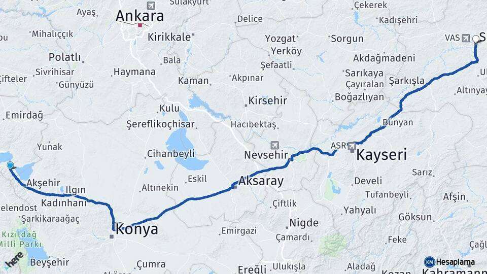 Afyonkarahisar Sultandağı Sivas Arası Kaç Km - Yol Haritası