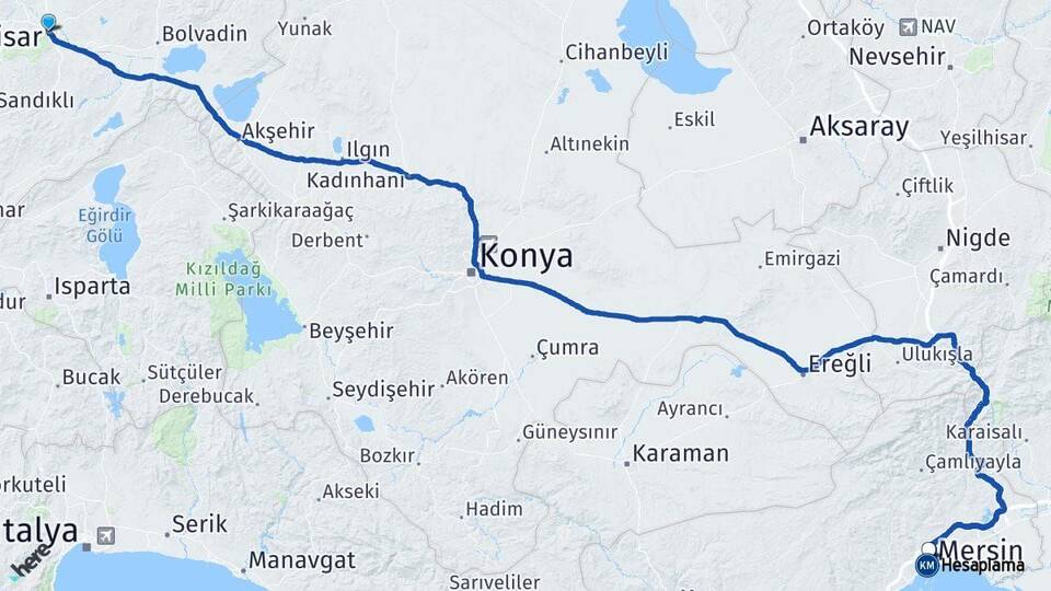 Afyonkarahisar Toroslar Mersin Arası Kaç Km - Yol Haritası