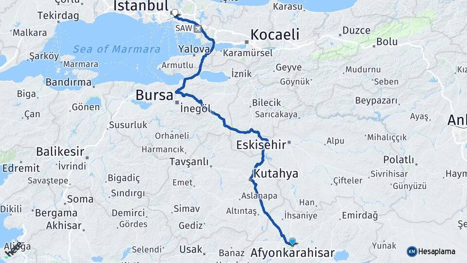 Afyonkarahisar Üsküdar İstanbul Arası Kaç Km - Yol Haritası