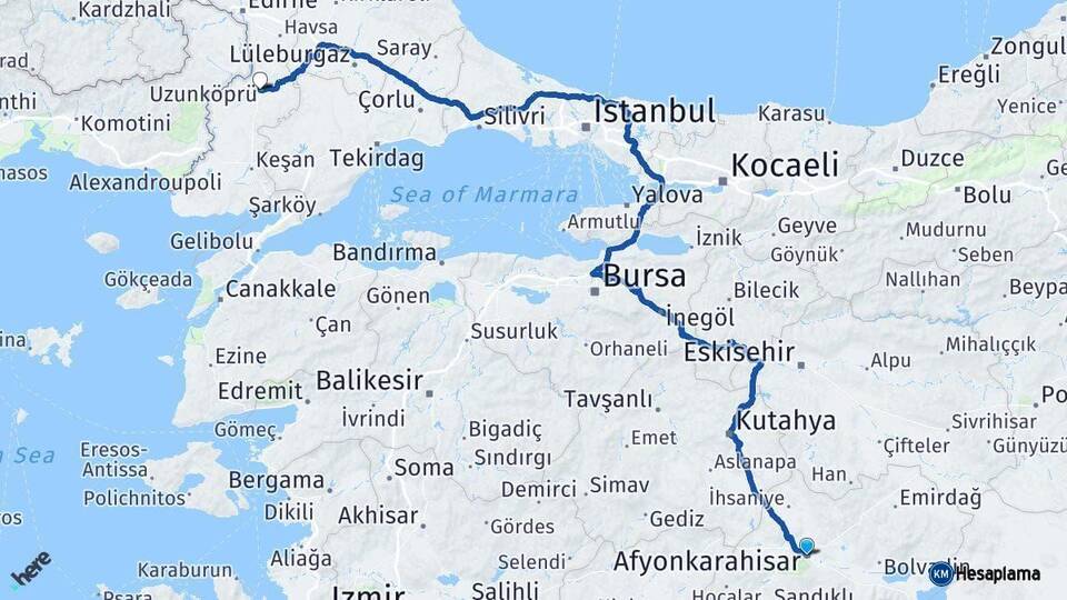 Afyonkarahisar Uzunköprü Edirne Arası Kaç Km - Yol Haritası