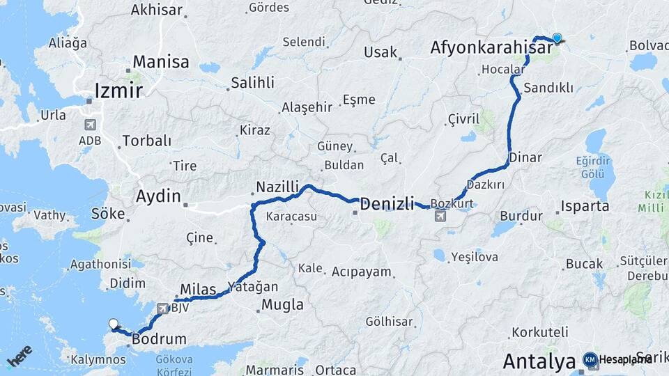Afyonkarahisar Yalıkavak Bodrum Muğla Arası Kaç Km - Yol Haritası