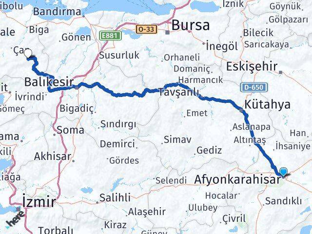 Afyonkarahisar Yenice Çanakkale Arası Kaç Km - Yol Haritası