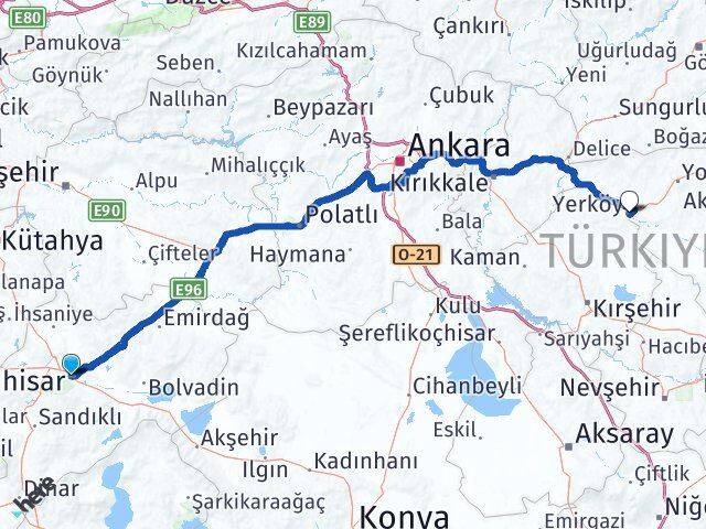 Afyonkarahisar Yerköy Yozgat Arası Kaç Km - Yol Haritası