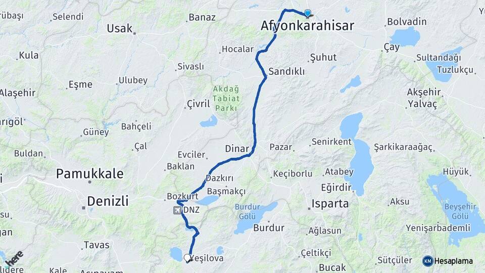 Afyonkarahisar Yeşilova Burdur Arası Kaç Km - Yol Haritası