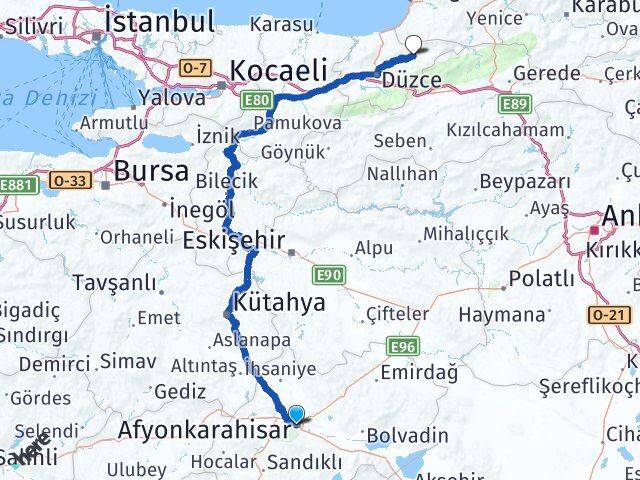 Afyonkarahisar Yığılca Düzce Arası Kaç Km - Yol Haritası