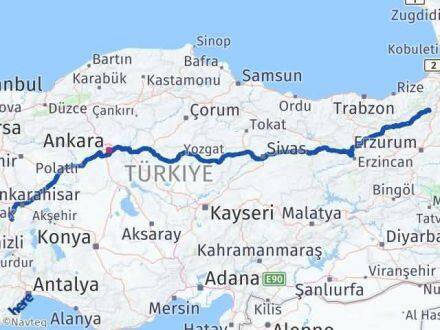 Afyonkarahisar Yusufeli Artvin Arası Kaç Km - Yol Haritası