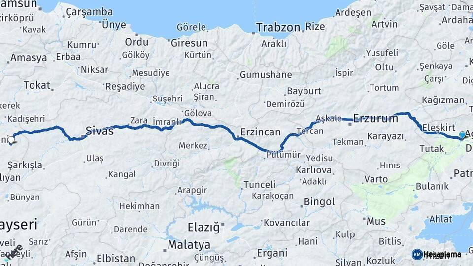 Ağrı Akdağmadeni Yozgat Arası Kaç Km - Yol Haritası