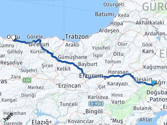 Ağrı Altınordu Arası Kaç Km - Yol Haritası