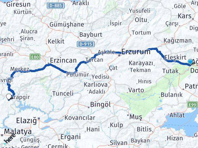 Ağrı Arapgir Malatya Arası Kaç Km - Yol Haritası