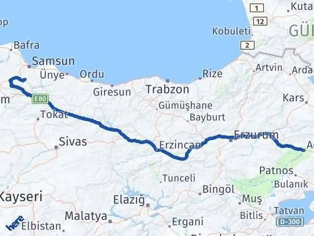 Ağrı Asarcık Samsun Arası Kaç Km - Yol Haritası