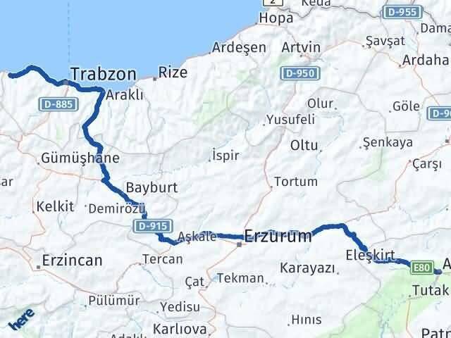 Ağrı Beşikdüzü Trabzon Arası Kaç Km - Yol Haritası