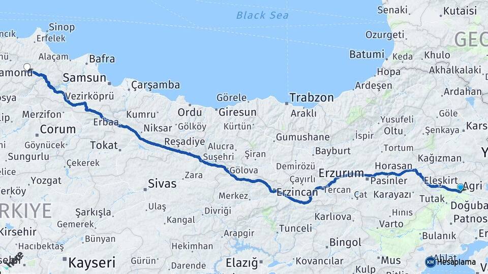 Ağrı Boyabat Sinop Arası Kaç Km - Yol Haritası