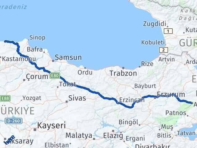 Ağrı Bozkurt Kastamonu Arası Kaç Km - Yol Haritası