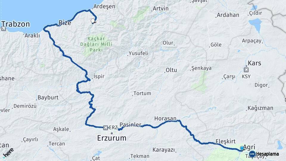 Ağrı Çamlıhemşin Rize Arası Kaç Km - Yol Haritası