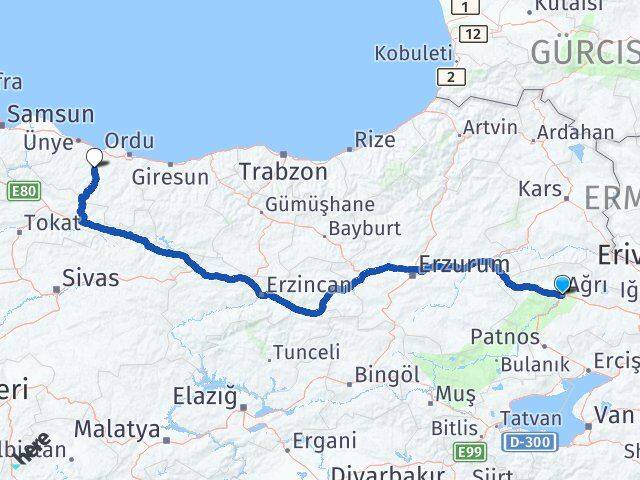 Ağrı Çatalpınar Ordu Arası Kaç Km - Yol Haritası