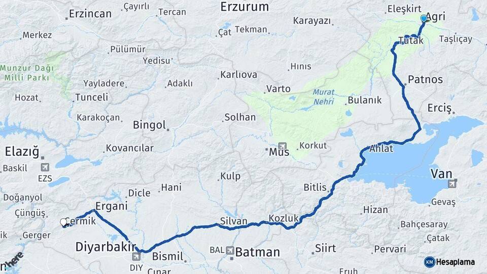 Ağrı Çermik Diyarbakır Arası Kaç Km - Yol Haritası