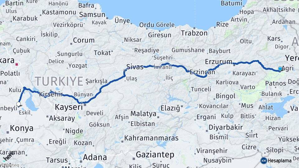Ağrı Cihanbeyli Konya Arası Kaç Km - Yol Haritası