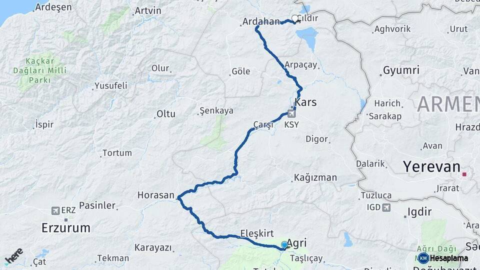 Ağrı Çıldır Ardahan Arası Kaç Km - Yol Haritası