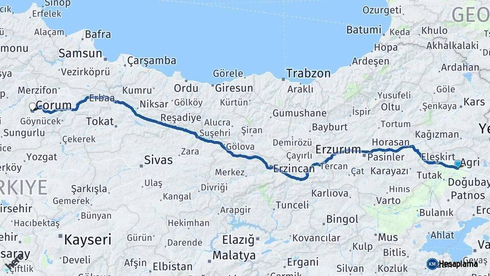 Ağrı Çorum Arası Kaç Km - Yol Haritası