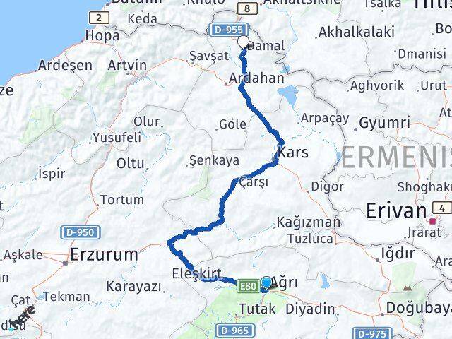 Ağrı Damal Ardahan Arası Kaç Km - Yol Haritası